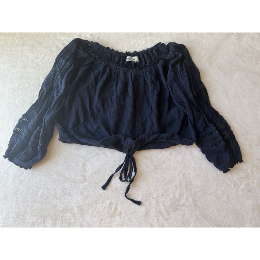 Hollister Navy Blue Crinkle Off-the-Shoulder Tie Balloon Sleeve Cropped Blouse